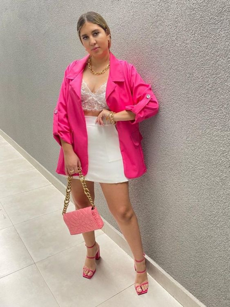 fashion model, pink jackets and coat, white casual skirt skirt, pink formal sandal