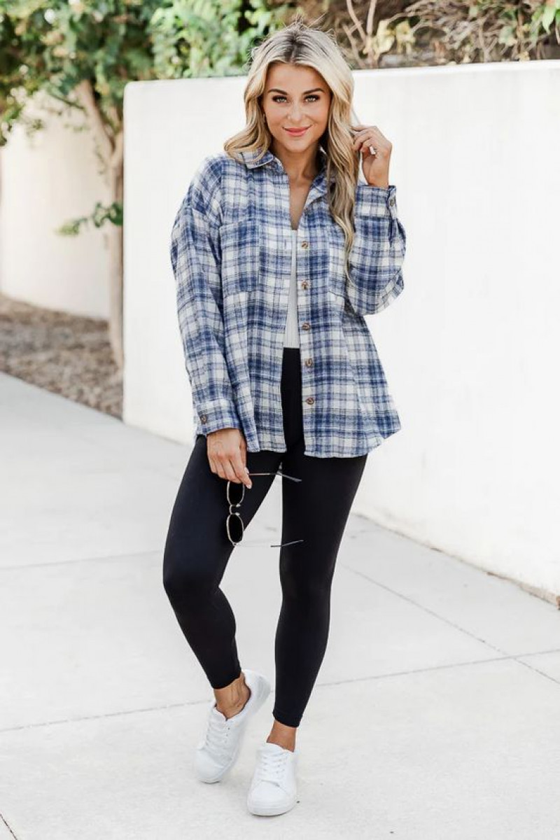 jeans, meet you outside dark blue/white plaid shacket, meet you outside navy plaid shacket, pink lily, shirt, black casual trouser, white sneaker