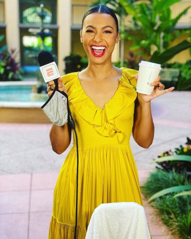 malika andrews yellow, sports commentator, malika andrews, nba today, yellow mini dress