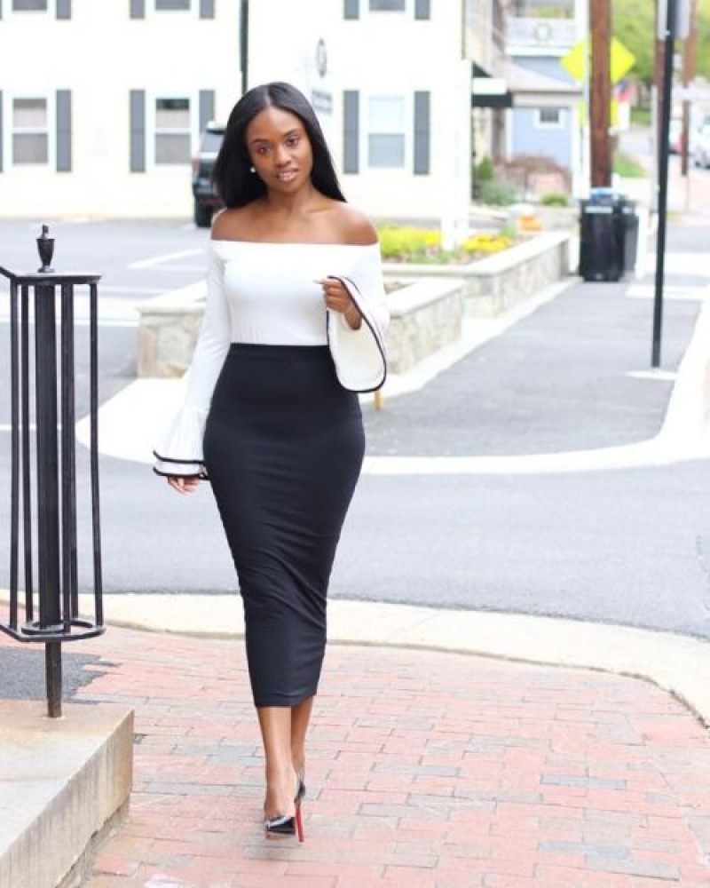 white sweater, black formal skirt skirt, silver pump