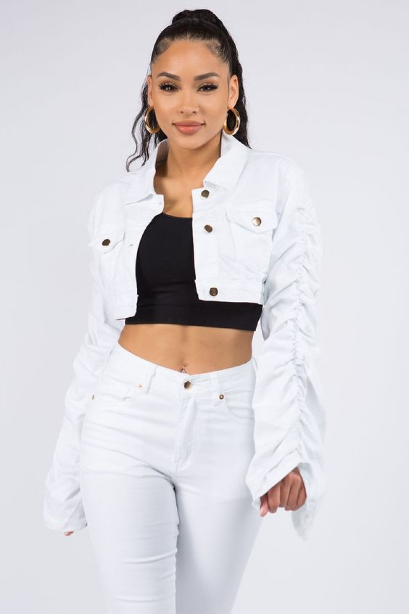 fashion model, jean jacket, crop top, white casual jacket, white jeans