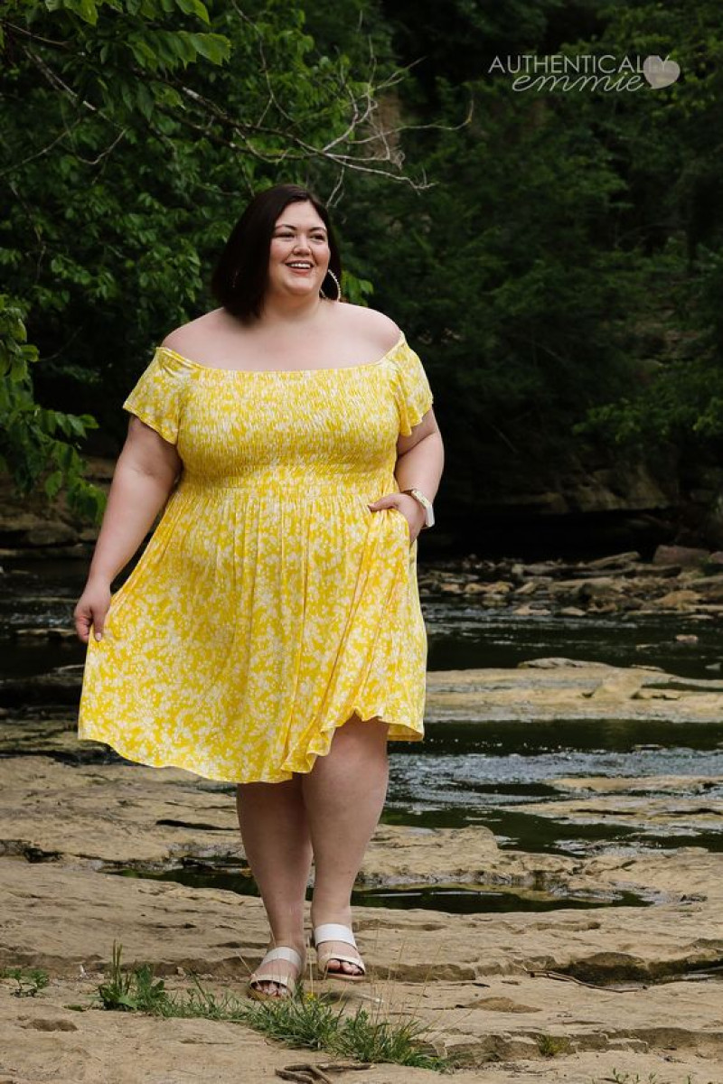 plus-size clothing, plus size dress, yellow mini fit & flare dress, beige sandal