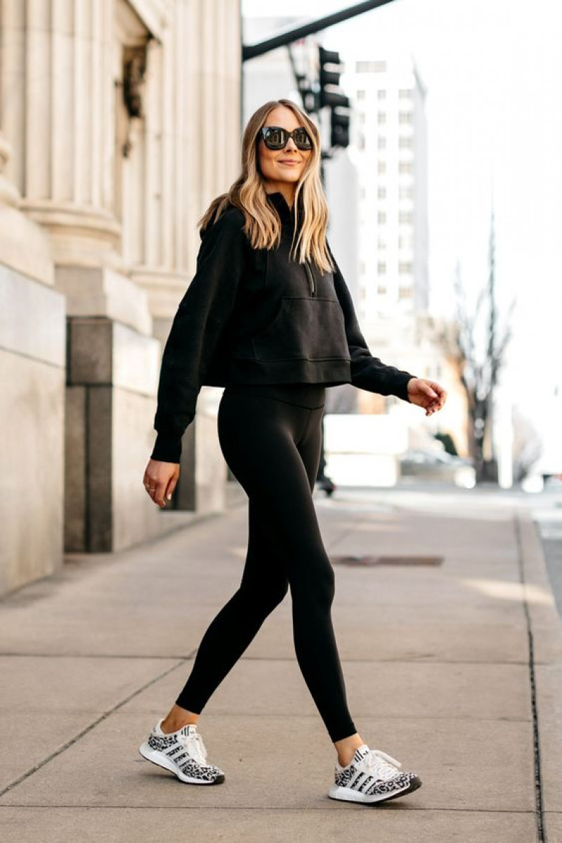 shoe, active pants, high-rise, black sweater, black sportswear legging, multicolor trainer