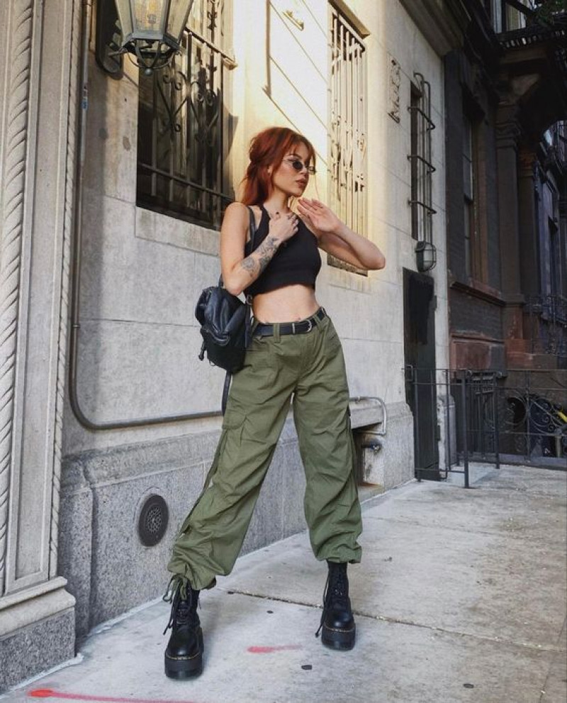 Black crop top and olive cargo pants