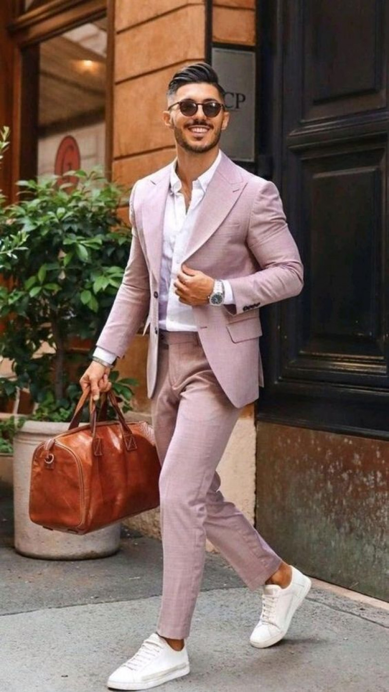men pink suit, men's suits, suit jacket, men's suit, beige suit jackets and tuxedo, pink casual trouser, white sneaker