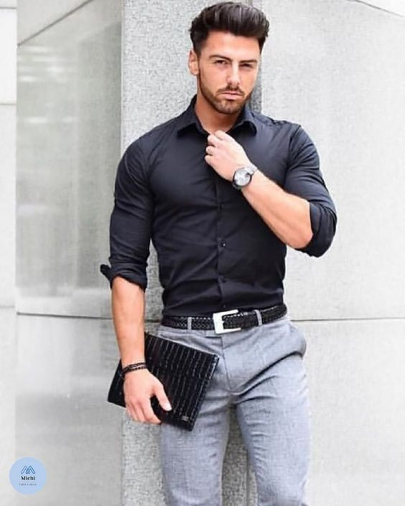 man dress style, men's clothing, men's style, formal wear, blue shirt, grey suit trouser