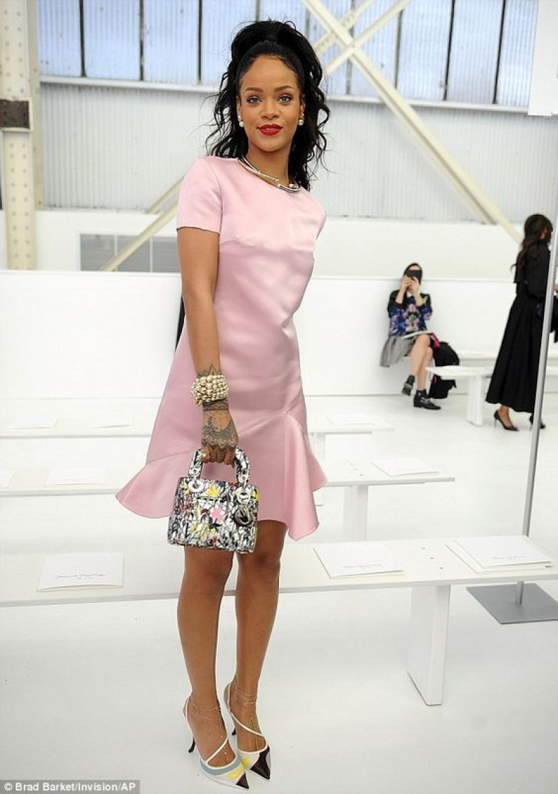 rihanna pink dior dress, pink mini dress, white pump, white sandal