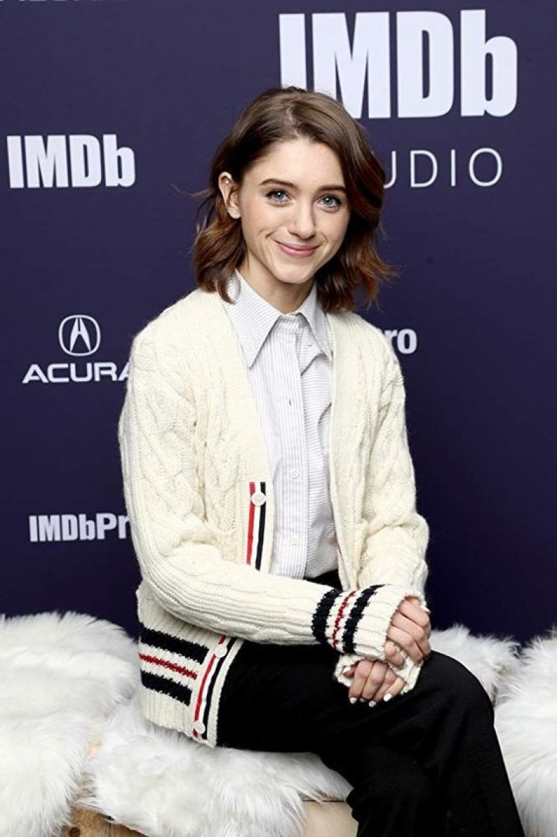 natalia dyer, formal wear, white cardigan, black sweat pant