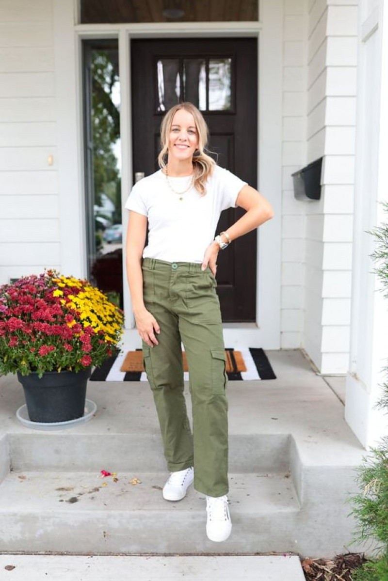 White fitted t-shirt and olive green cargo pants