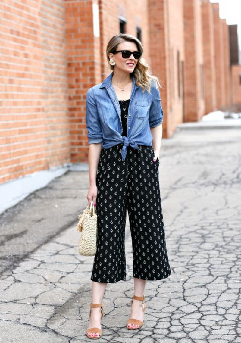 romper suit, light blue casual jacket, beige formal sandal, jumpsuit and shirt outfit, business jumpsuit