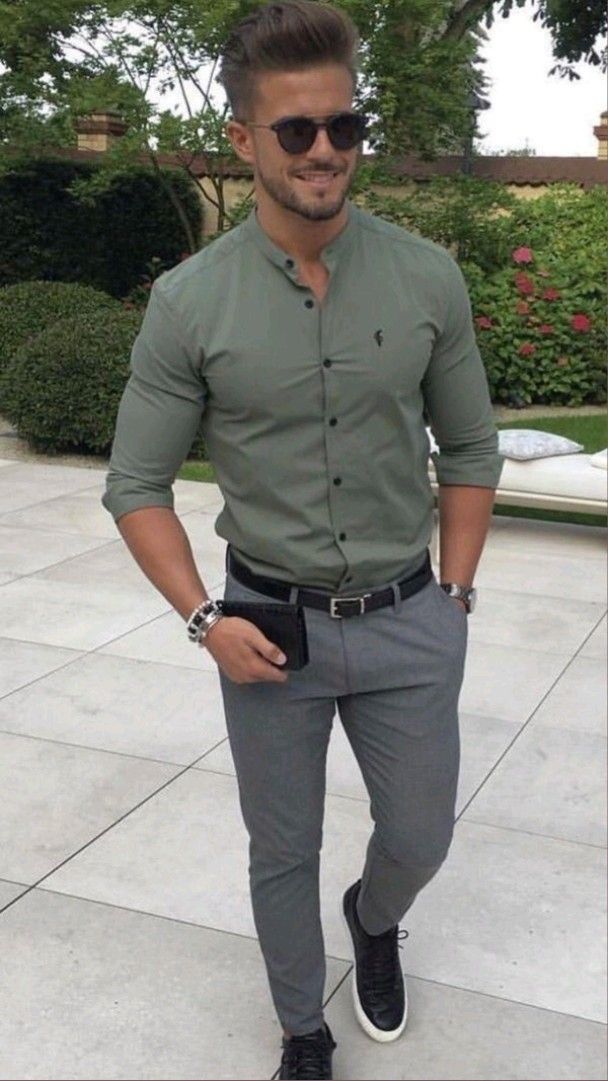 Green Shirt Grey Pants