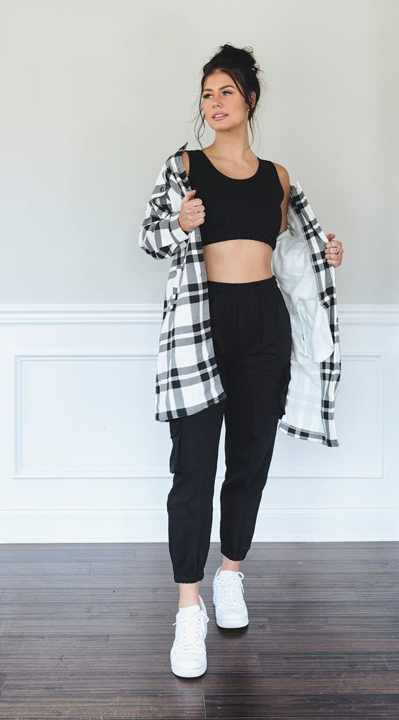 Plaid Shirt Over Black Crop Top with Black Sweatpants